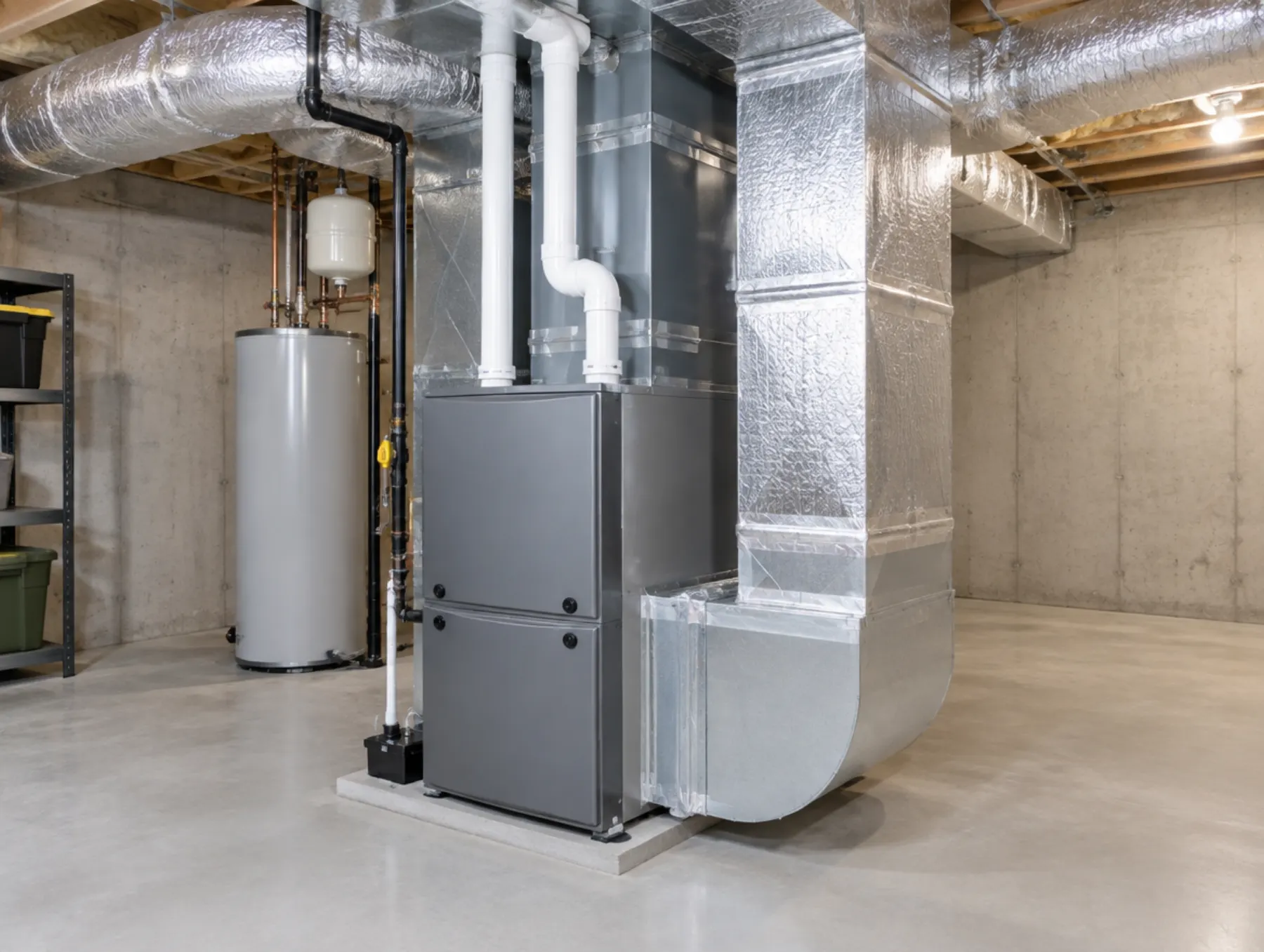 A new grey furnace with fresh insulated ductwork in a clean, bright basement