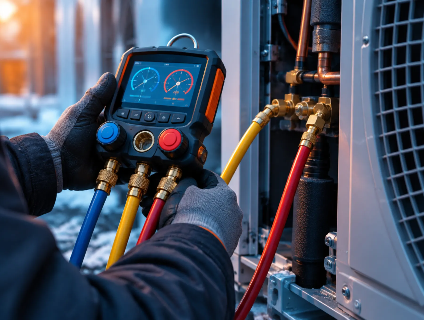 Gloved hands holding a digital manifold gauge, blue and red hoses connected to an outdoor heat pump