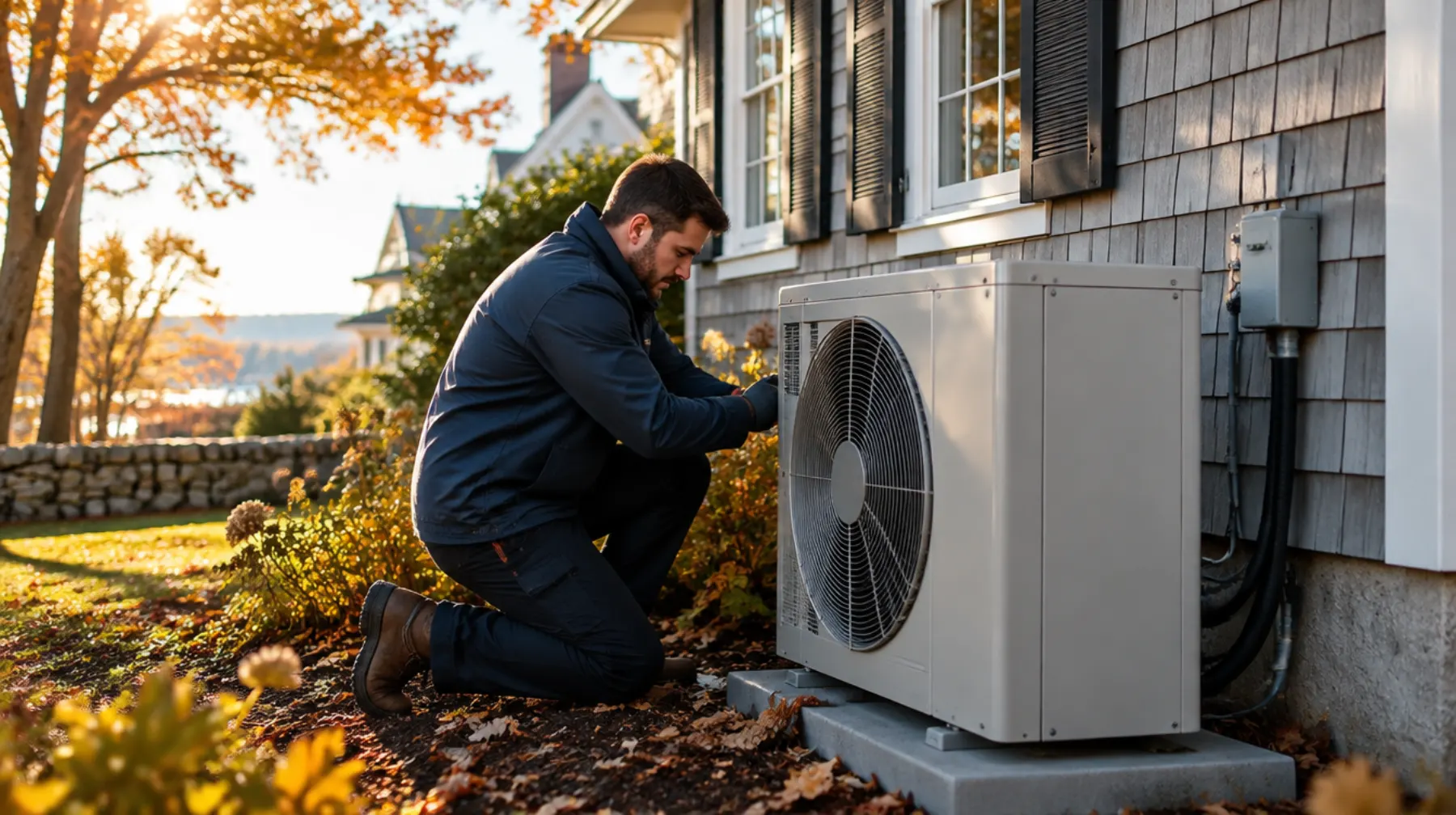 A Brightline technician kneeling beside a new heat pump outside a grey-shingled colonial in autumn light