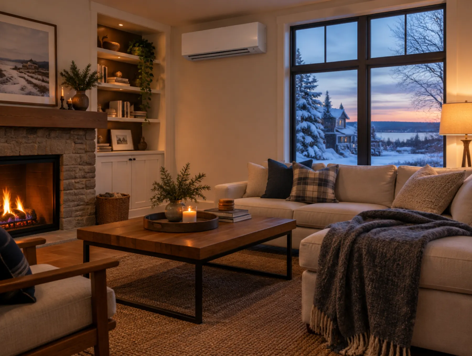 A wall-mounted mini-split above the windows of a warm living room on a snowy evening