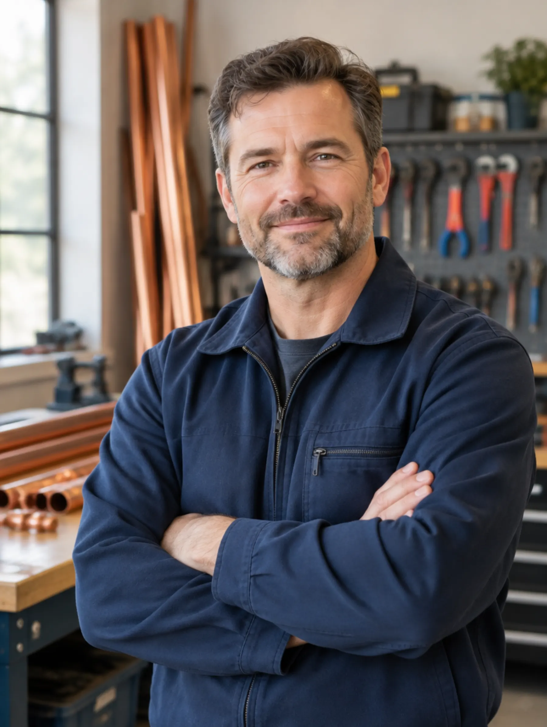 Dan Kessler, owner of Brightline Heating & Air, arms crossed in his workshop