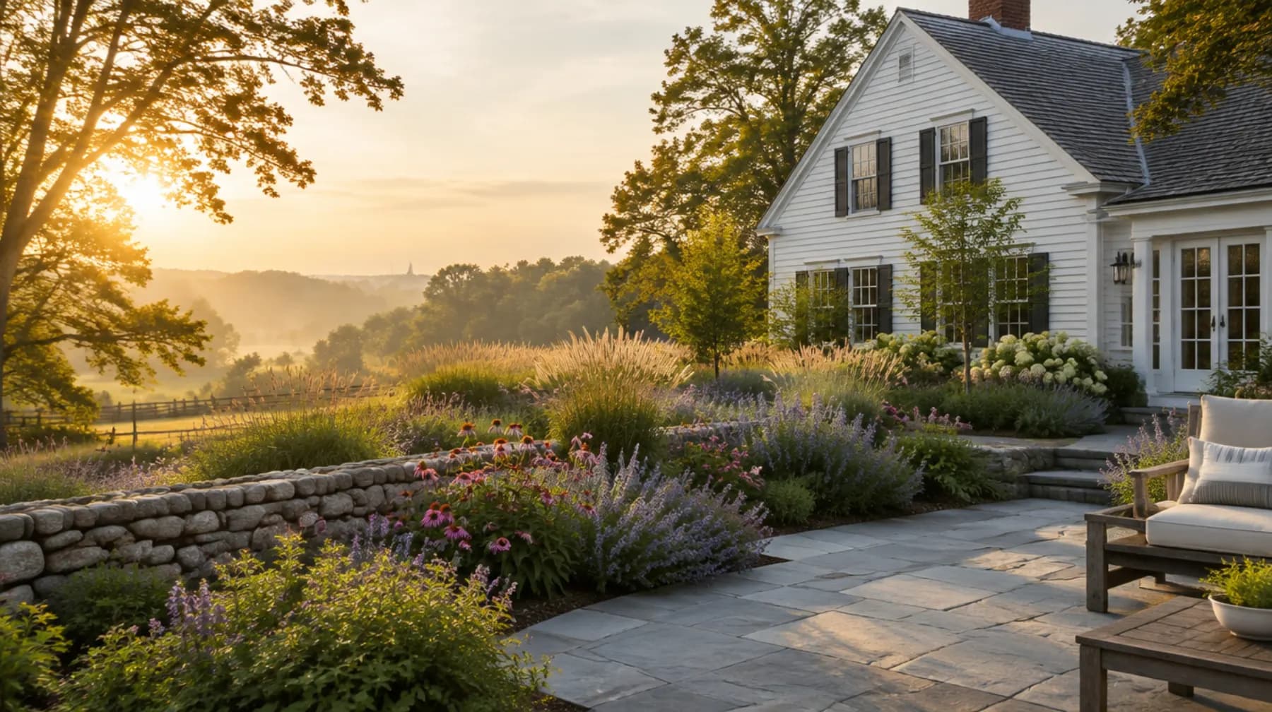 A bluestone terrace and low fieldstone wall in front of a perennial border of lavender, coneflowers and grasses, beside a white farmhouse at golden hour