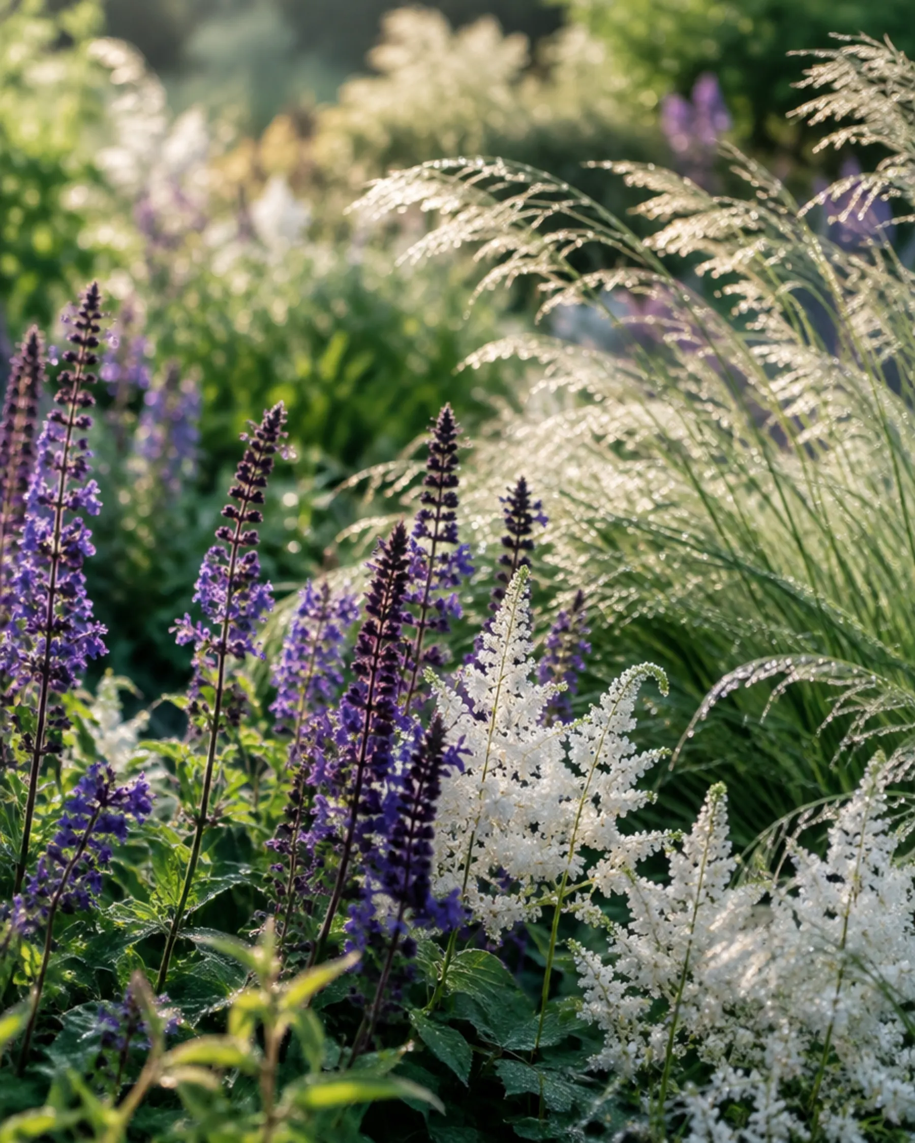 Purple salvia, white astilbe and feathery grasses in a perennial border, wet with morning dew
