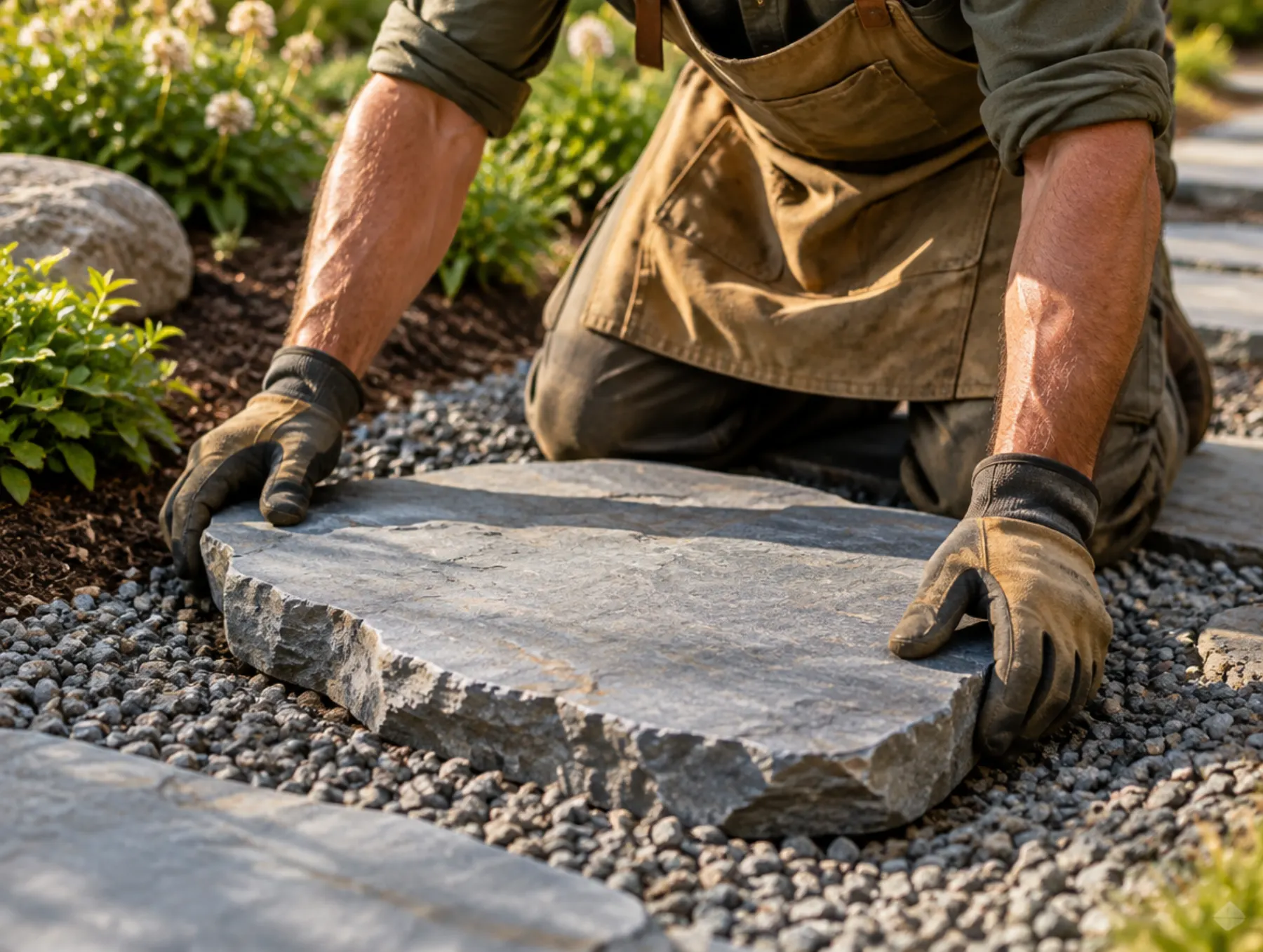 Gloved hands setting a thick bluestone stepping stone into a bed of gravel beside a planted border