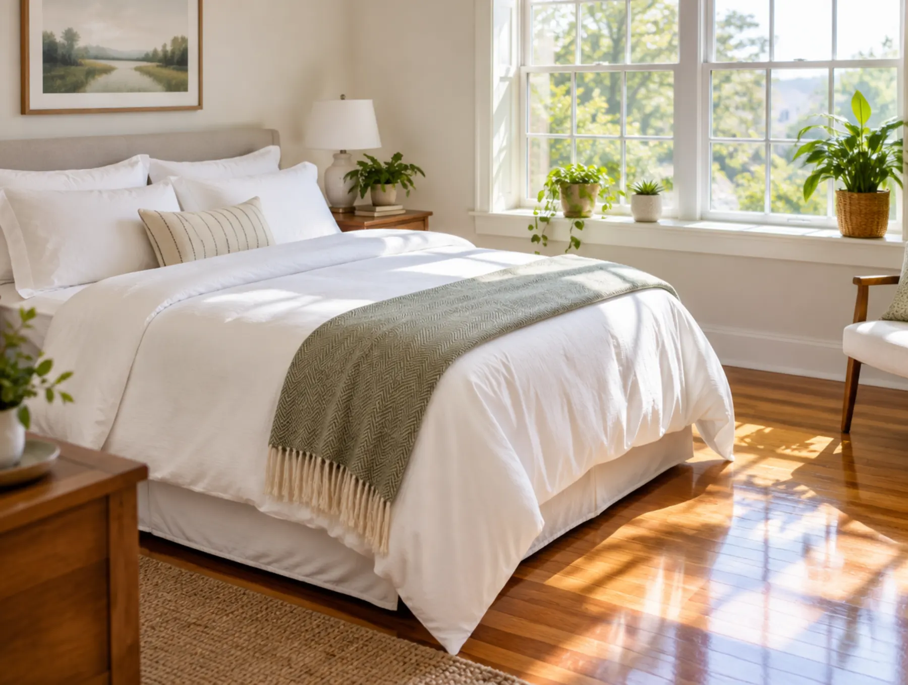 A crisply made bed with white linens in a sunlit bedroom