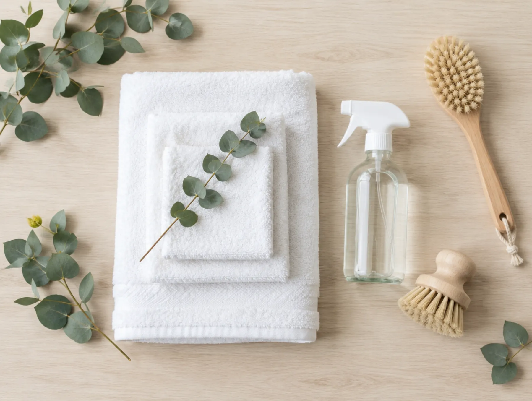 Folded white towels, a glass spray bottle, wooden brushes and eucalyptus