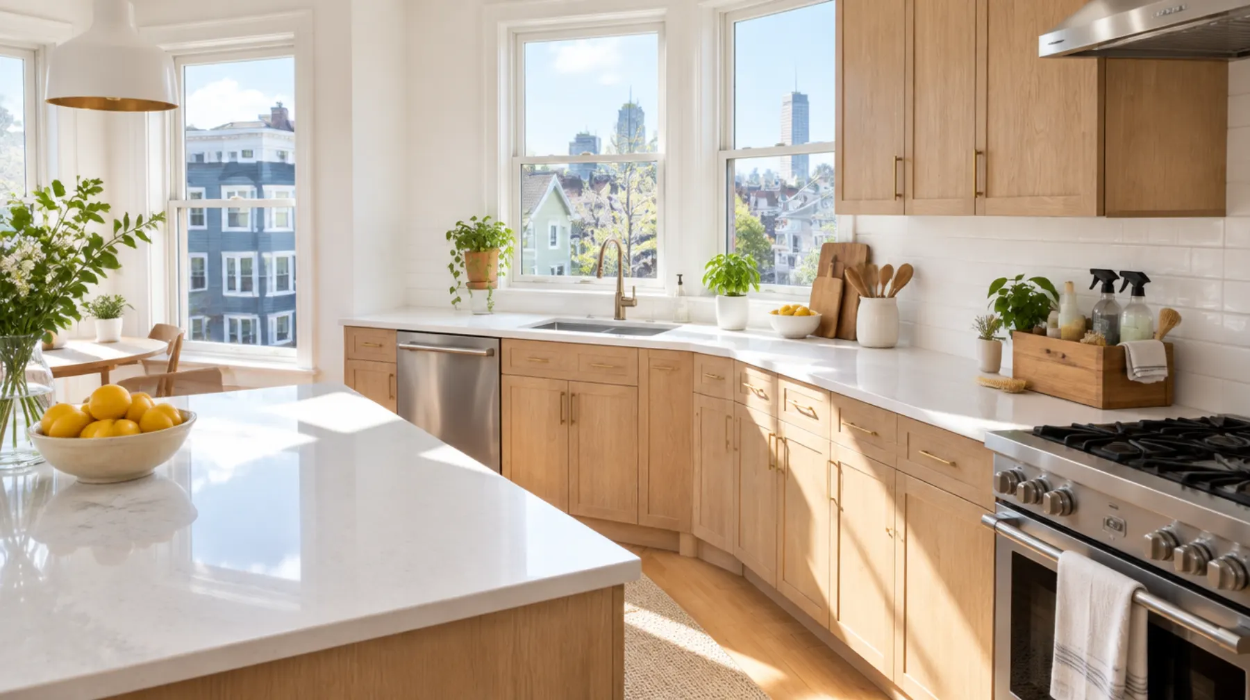 A bright, spotless kitchen with white oak cabinets, quartz counters and a bowl of lemons in morning sun